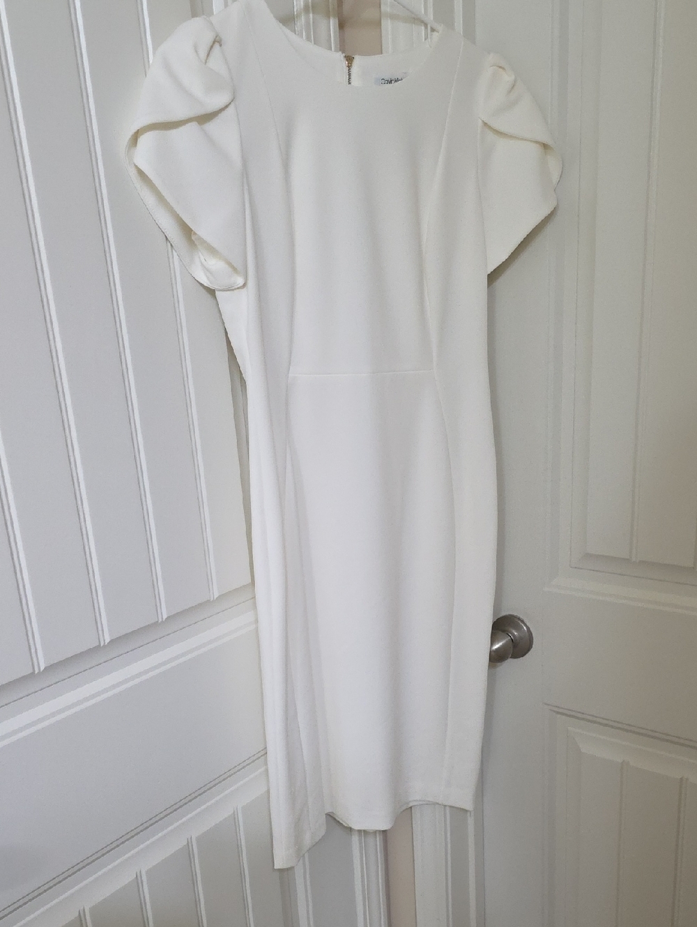 Calvin Klein Ivory Midi Dress with Puff Sleeves
